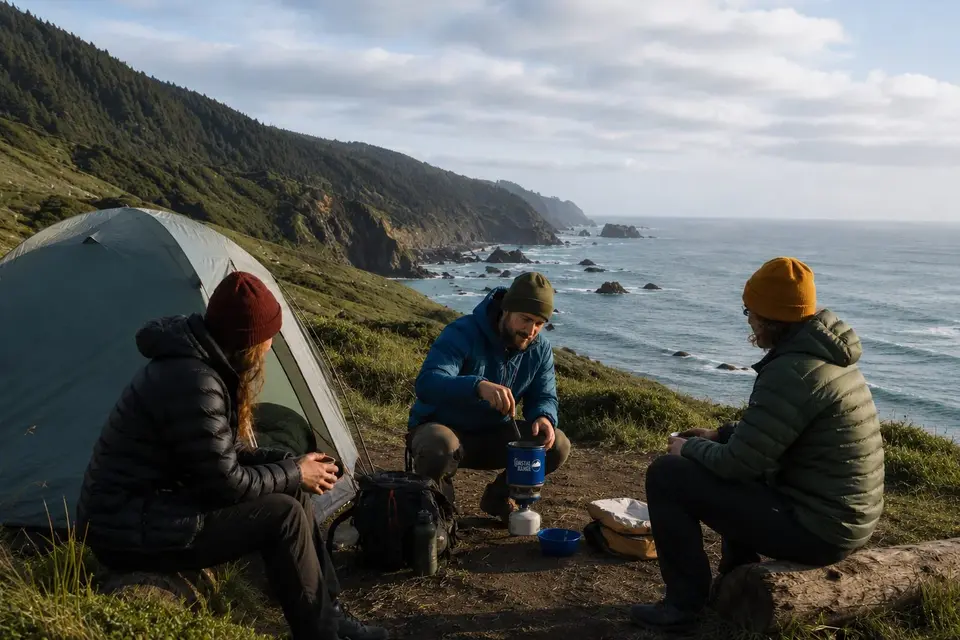 Coastal Range backpacking stove cooking a meal outside a tent