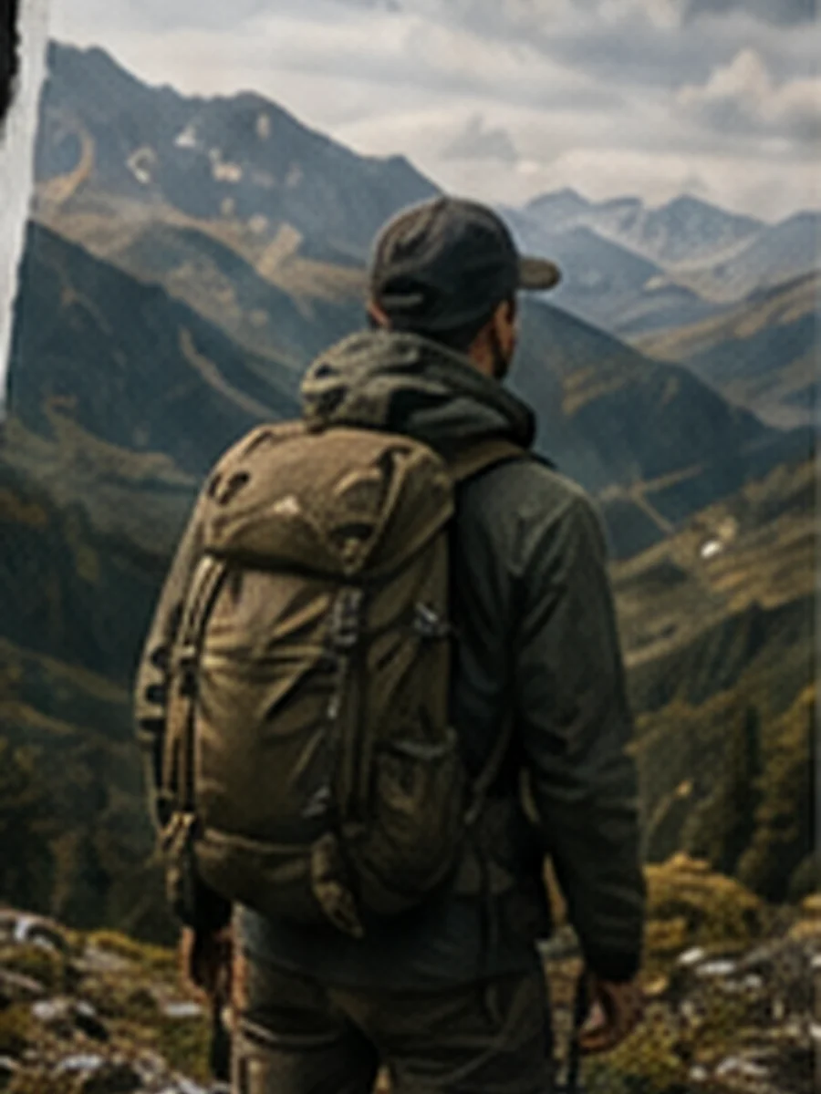 Hiker wearing a backpack in the mountains