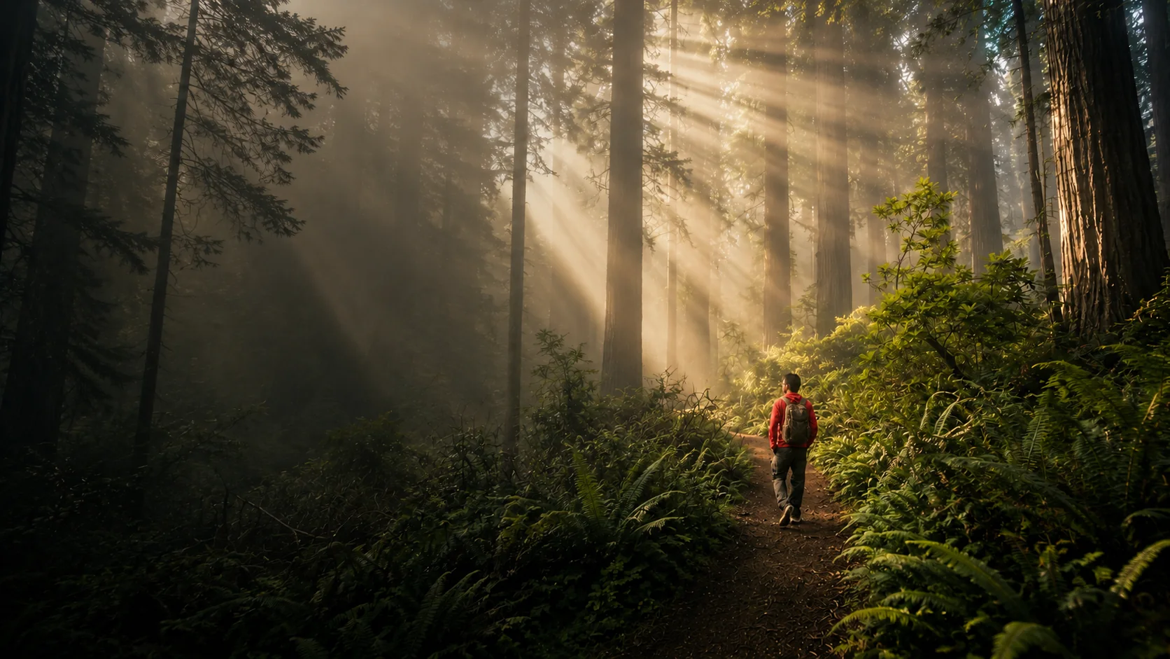 Hiker with a rucksack walking through a sunlit forest