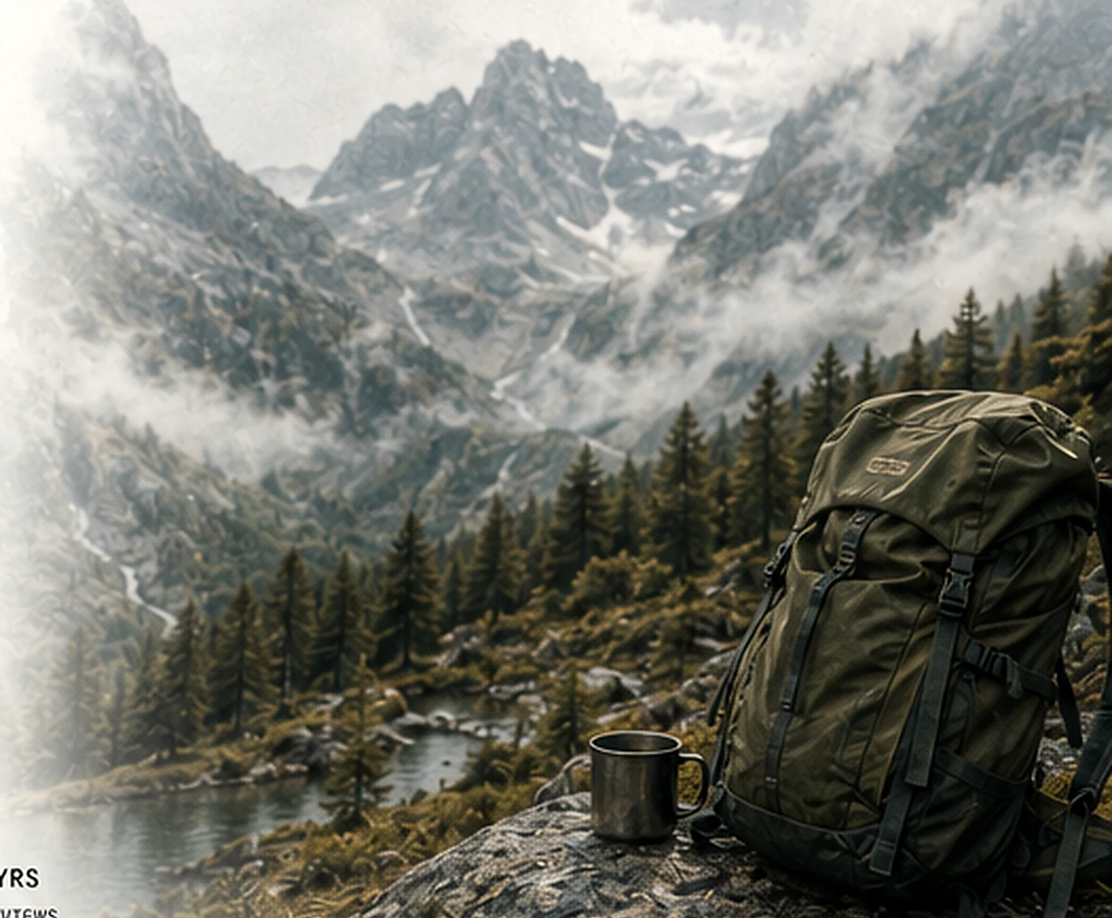 Rugged backpack and camp mug above a mountain valley