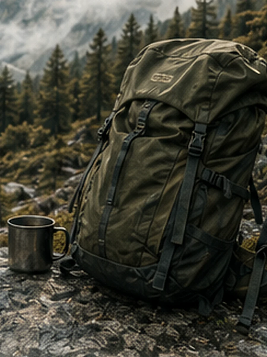 Backpack and camp mug overlooking a mountain valley