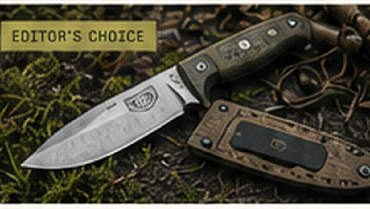 Fixed-blade outdoor knife resting on a forest floor
