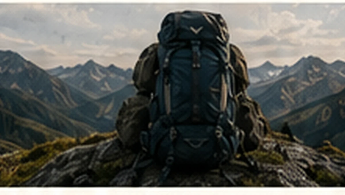 Large hiking backpack against a rugged mountain range