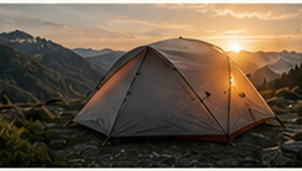 Two-person tent pitched at a high mountain campsite